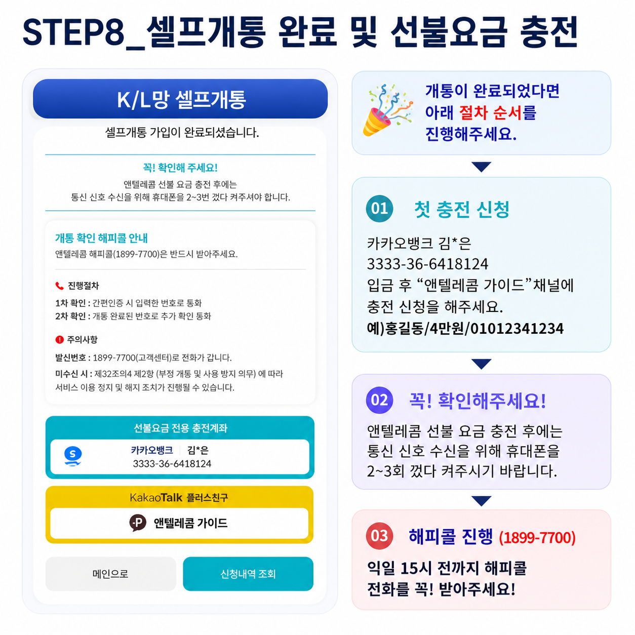 앤텔레콤 온라인 개통 8단계 개통 완료와 첫 충전 안내